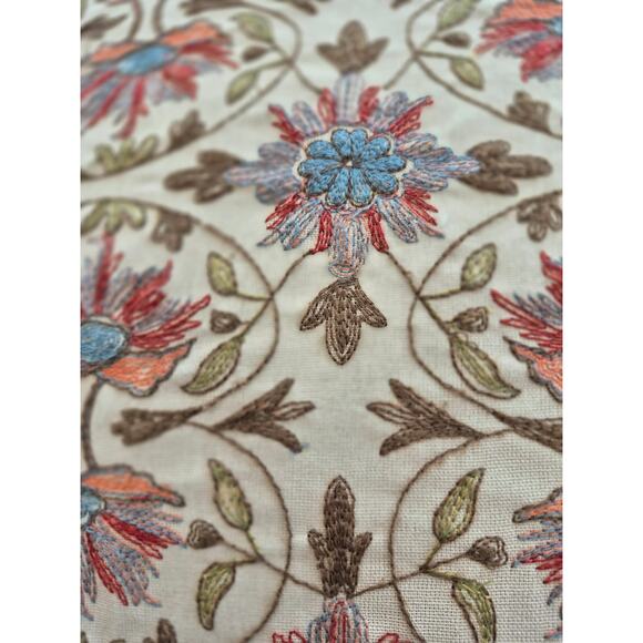 Vintage Embroidery Pottery Barn Throw Pillow 2011 Natural Moss Green Blue Red - Picture 3 of 10